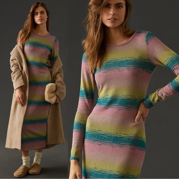 Anthropologie Daily Practice Rainbow Ribbed Sweater Maxi Bodycon Dress NWT Small - Picture 1 of 14
